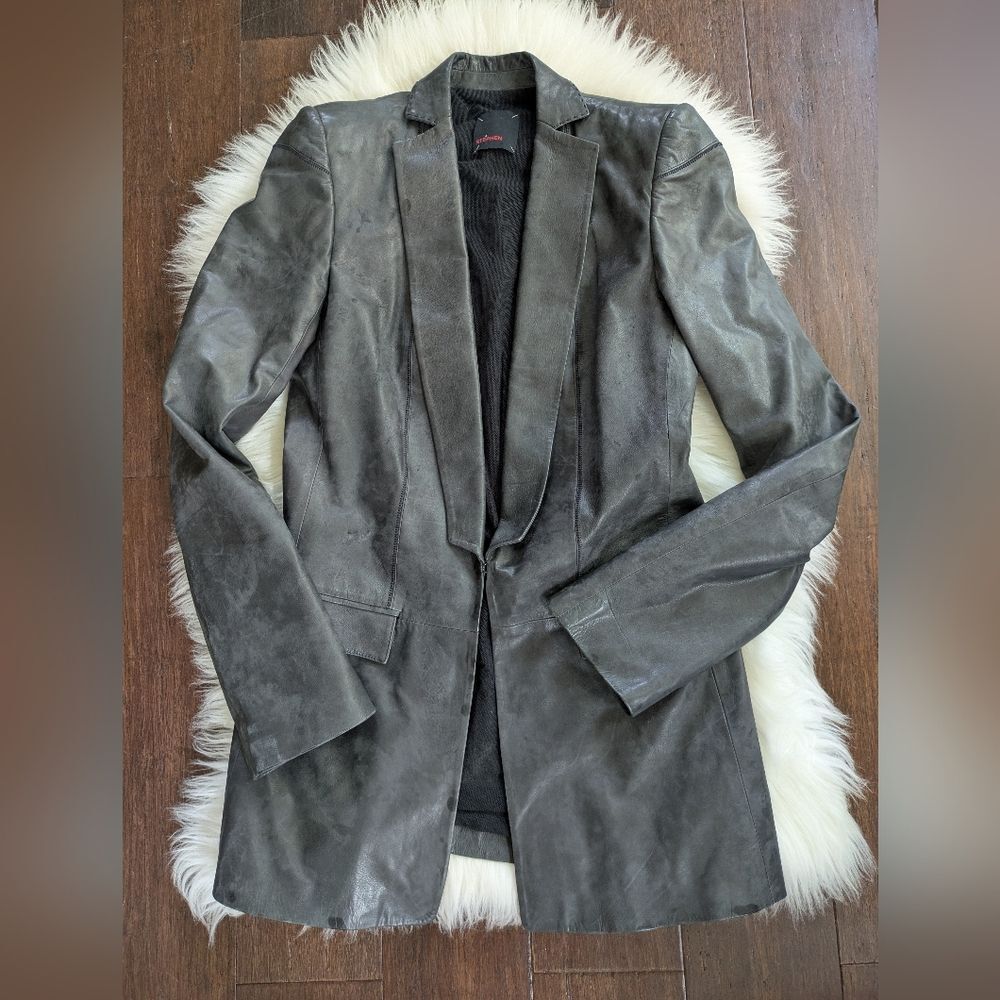 Stephen Italian Leather Mid Length Blazer Jacket Made in Italy Size 42 Grey
